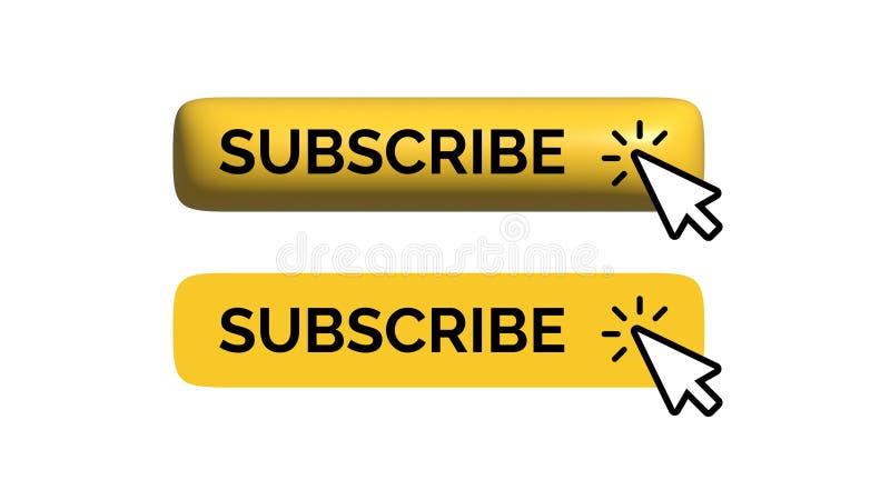 Set of two yellow Subscribe buttons, one with 3D styling and one flat, both with a clicking cursor and visual click vector illustration