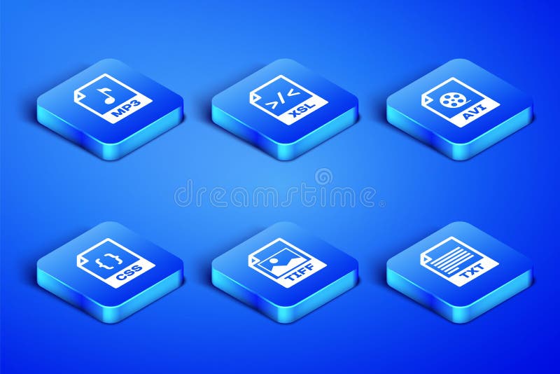 Set TXT file document, MP3, TIFF, CSS, XSL and AVI icon. Vector