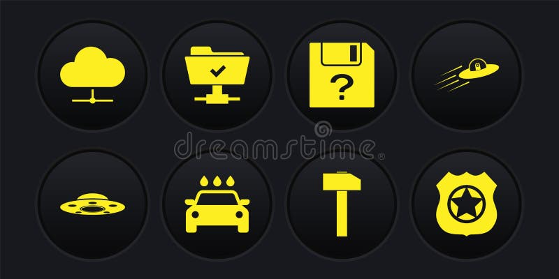 Set UFO flying spaceship, and alien, Car wash, Hammer, Unknown document and FTP operation successful icon. Vector stock illustration