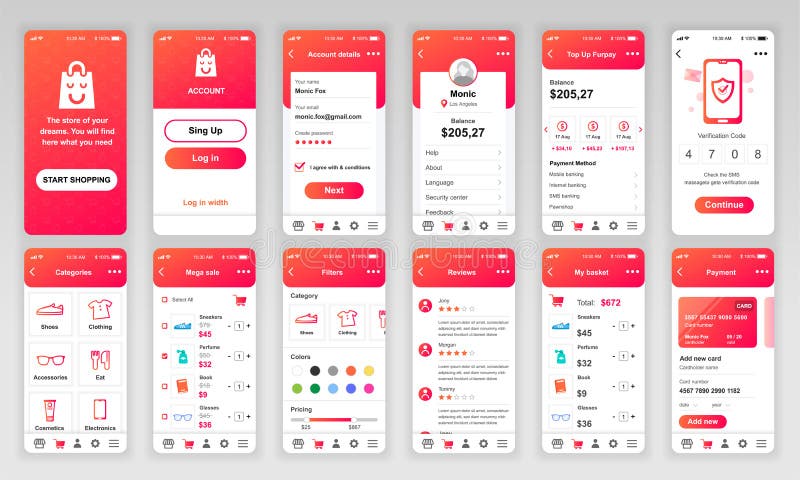 Set of UI, UX, GUI screens Shopping app flat design template for mobile apps, responsive website wireframes. royalty free illustration