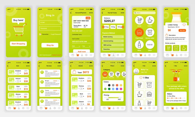 Set of UI, UX, GUI screens Shopping app flat design template for mobile apps, responsive website wireframes. royalty free illustration
