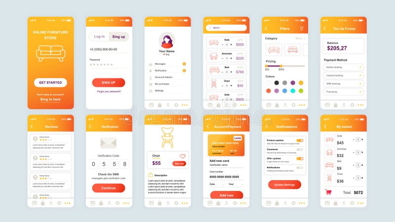 Set of UI, UX, GUI screens Shopping app flat design template for mobile apps, responsive website wireframes. stock illustration