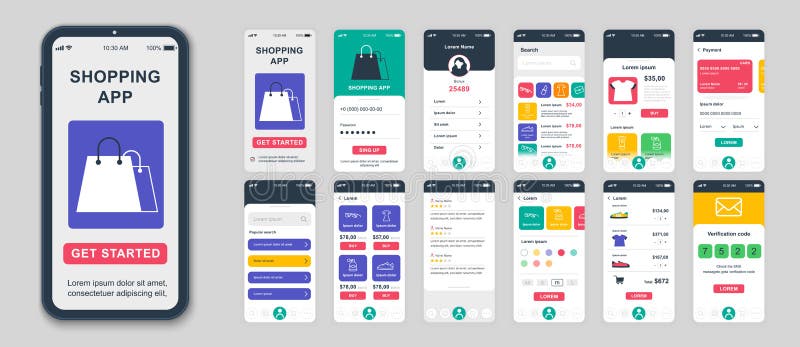 Set of UI, UX, GUI screens Shopping app flat design template for mobile apps royalty free illustration