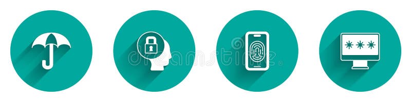 Set Umbrella, Lock, Mobile with fingerprint scanner and Monitor password icon with long shadow. Vector stock illustration