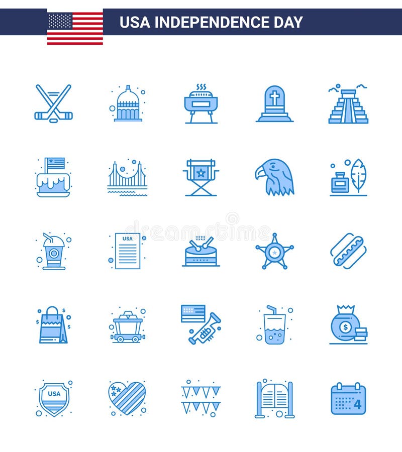 Set of 25 USA Day Icons American Symbols Independence Day Signs for landmark; rip; barbeque; gravestone; death stock illustration