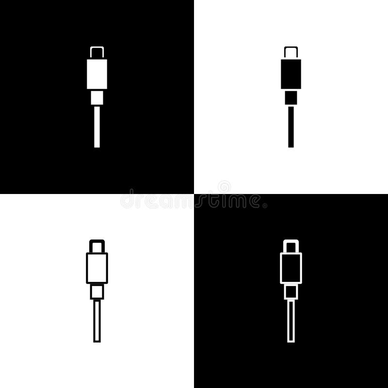 Set USB cable cord icon isolated on black and white background. Connectors and sockets for PC and mobile devices. Vector vector illustration