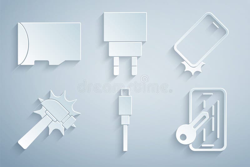 Set USB cable cord, Shockproof phone, Hammer, Glass screen protector, Charger and Micro SD memory card icon. Vector vector illustration