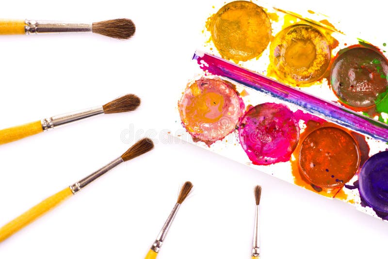 Set of Used Watercolor Paints and Paintbrushes Stock Image Image of