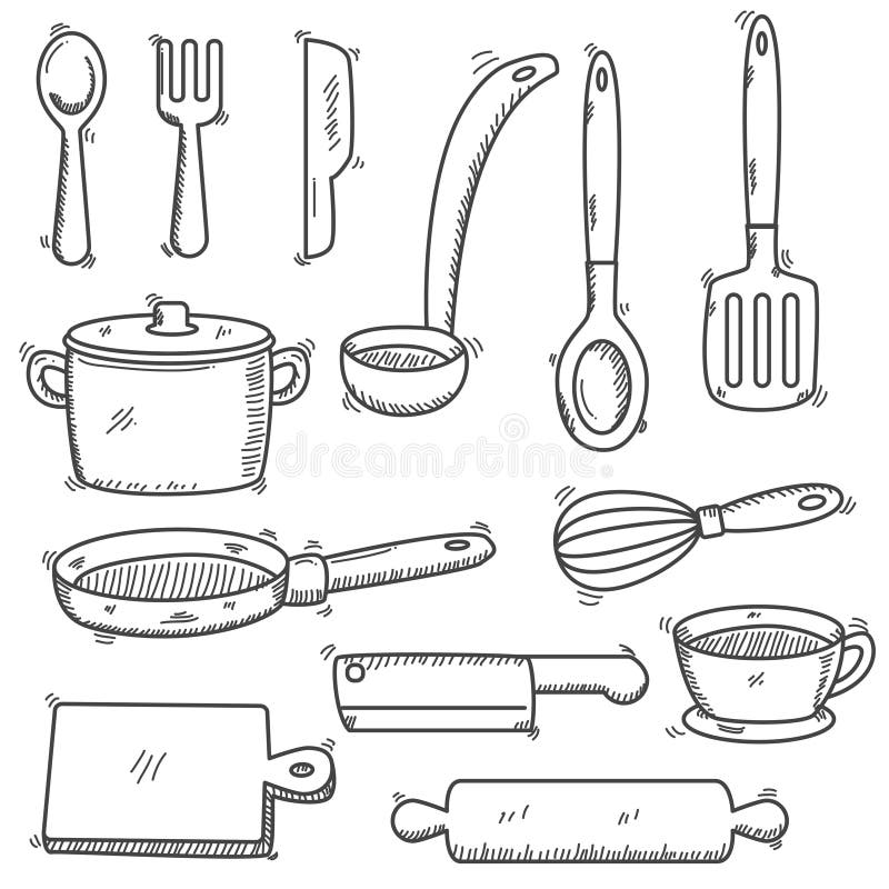 Sketch kitchen tools cooking utensils hand drawn vector image on