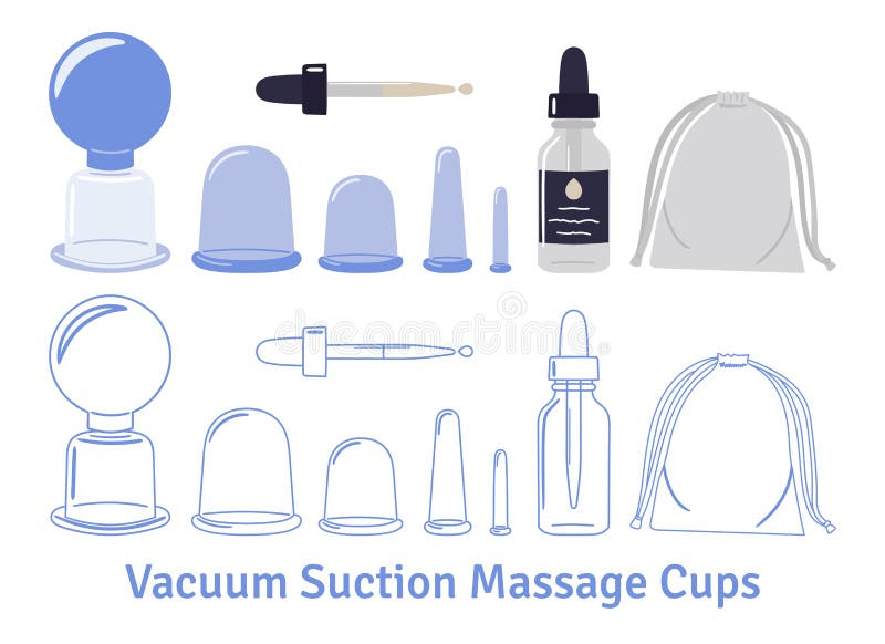 Set of vacuum suction massage cups with storage bag, oil bottle. Home beauty skin care routine. Hand drawn and line vector