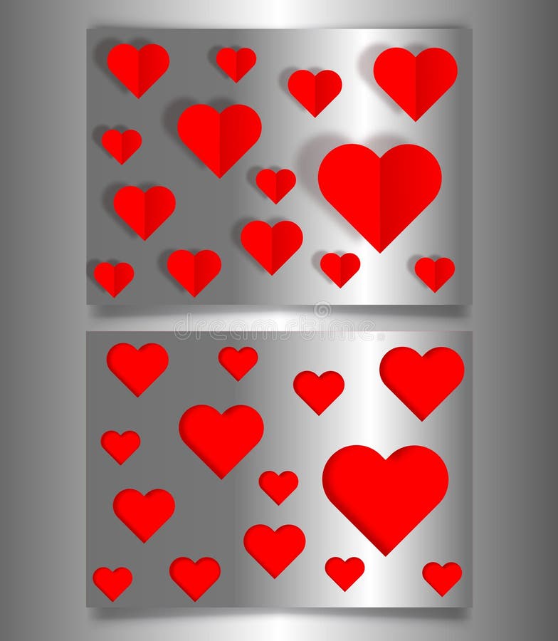 Set Valentine`s day or Mother`s day banners, silver metallic card laser cutting style and paper cut red hearts. Valentine concept vector illustration Set Valentine`s day or Mother`s day banners, silver metallic card laser cutting style and paper cut red hearts. Valentine concept vector illustration