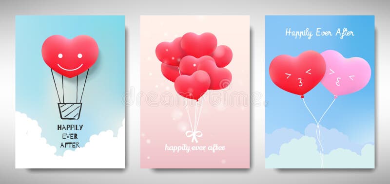 Set of Valentines day card template design, red and pink heart shape balloons flying in the sky with love message, minimalist