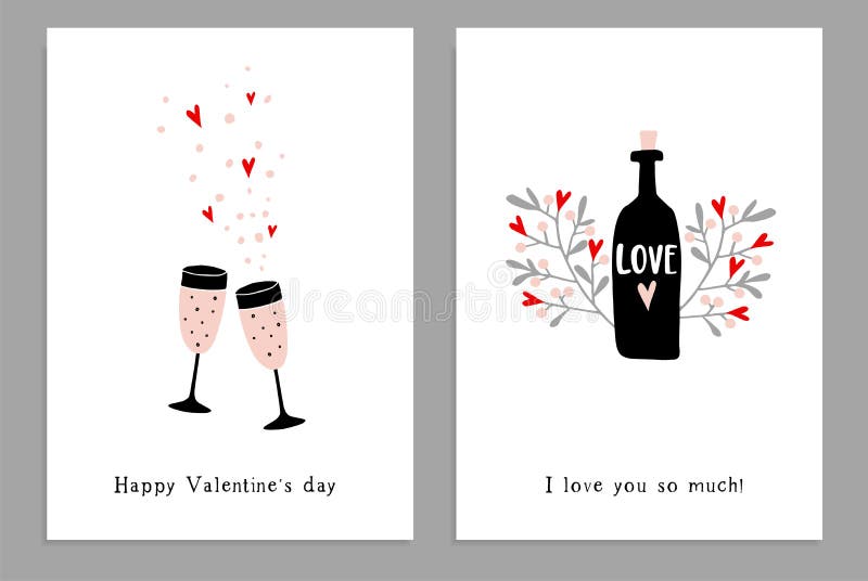 Set of Valentines day or wedding greeting cards, party invitations. Hand drawn wine glasses, champagne bottle and stock illustration Set of Valentines day or wedding greeting cards, party invitations. Hand drawn wine glasses, champagne bottle and stock illustration