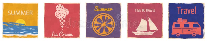 Set Van Camper Ice Cream Slice Orange Sunset vintage cards poster. Textured grunge effect retro card with text Time To