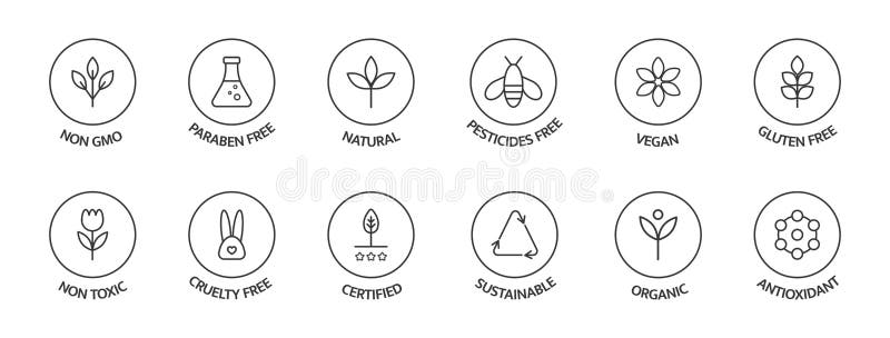 Set van organische cosmetische labels. iconen zonder productvrije allergenen. ggo - vrije emblemen. biologische stickers. natuurli