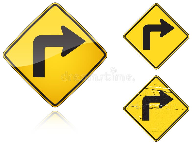 Set of variants Right Sharp turn traffic road sign royalty free illustration