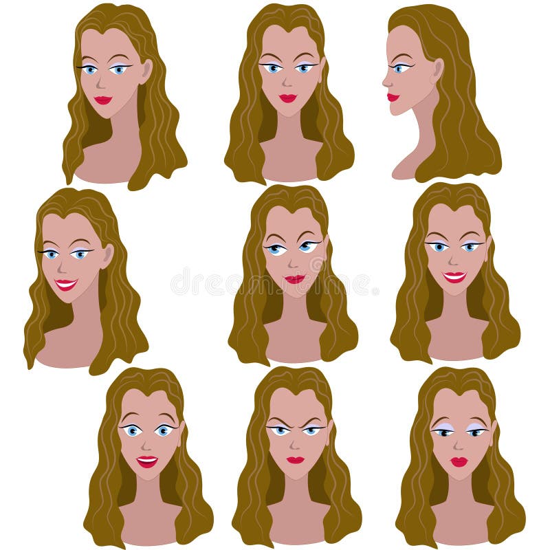 Set Of Variation Of Emotions Of The Same Girl With Brown Hair Stock Vector Illustration Of 