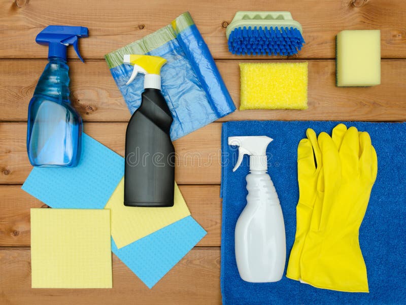 Set of Variety Cleaning Supplies on Wooden Table Stock Image Image of