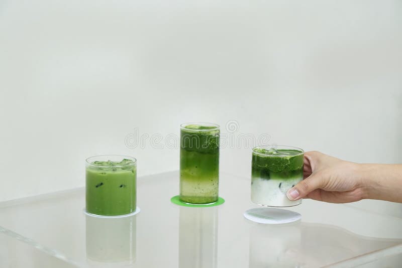 Set of Variety Iced Matcha - Glasses of Green Tea Latte, Pure Green Tea  with Water and Green Tea Macchiato Stock Image - Image of drink, flavor:  187991061