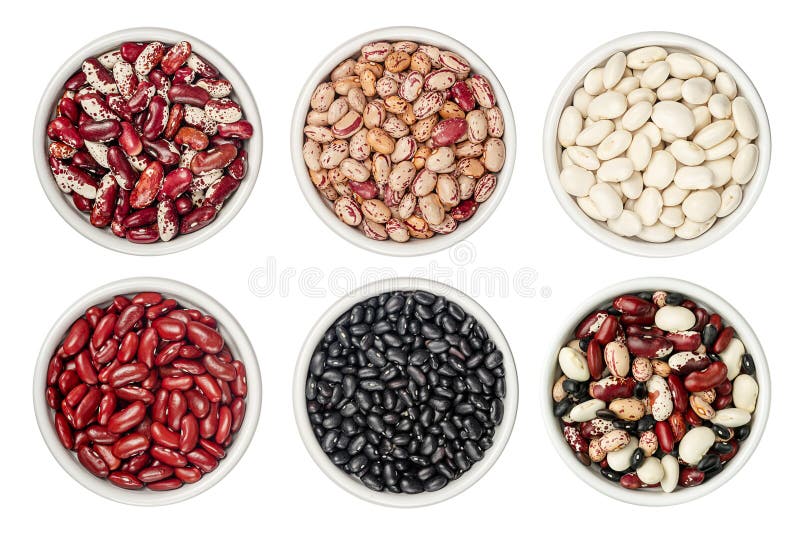 Set of various beans with clipping path isolated on white background. Top view royalty free stock photo