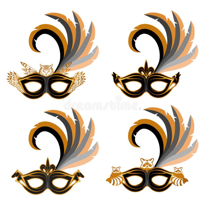 Set of various carnival masks with the image of different animals - owl, wolf, horse, raccoon. Carnival concept illustration. stock illustration