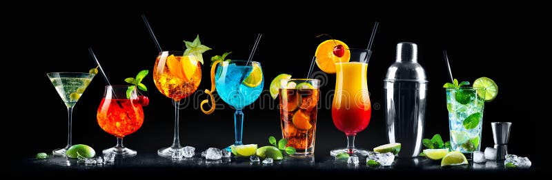 Set of various cocktails with on black background