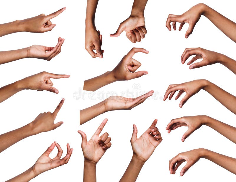 Set of various hand gestures isolated on white.