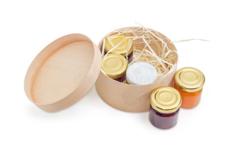 Set Of Various Jam In Small Jars In Wooden Box Stock Image Image of