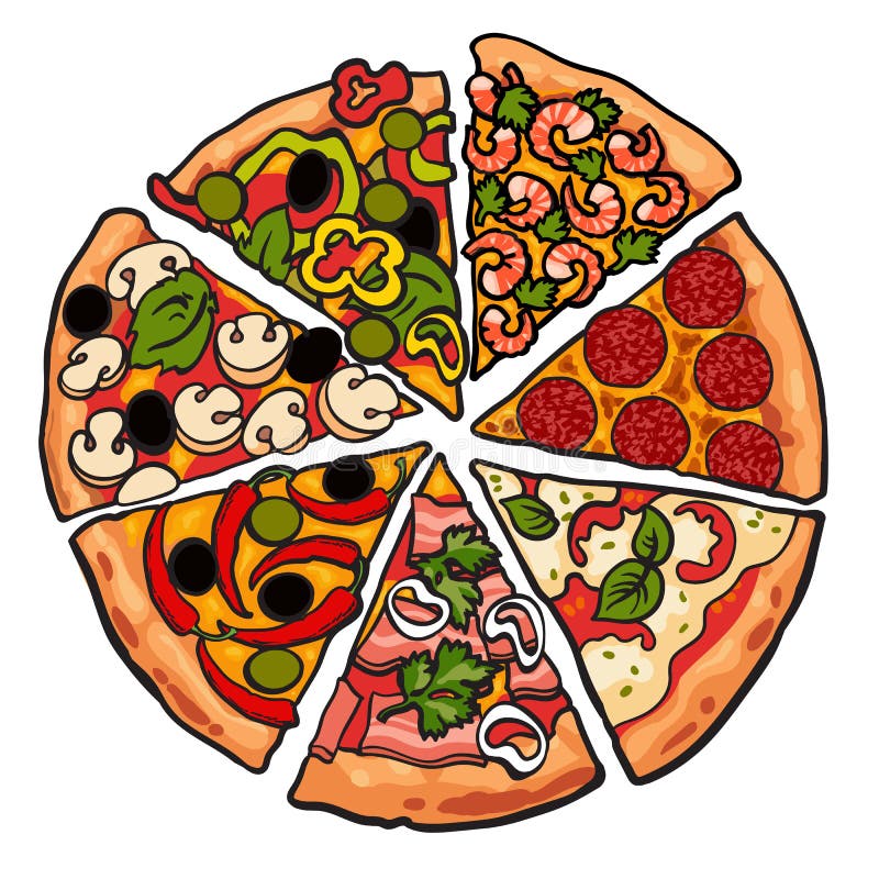 Set of various pizza pieces on white background