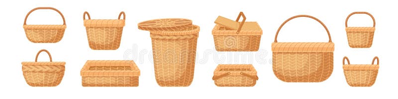 Set of various realistic empty wicker baskets vector illustration. Collection of straw handmade container or pannier royalty free illustration