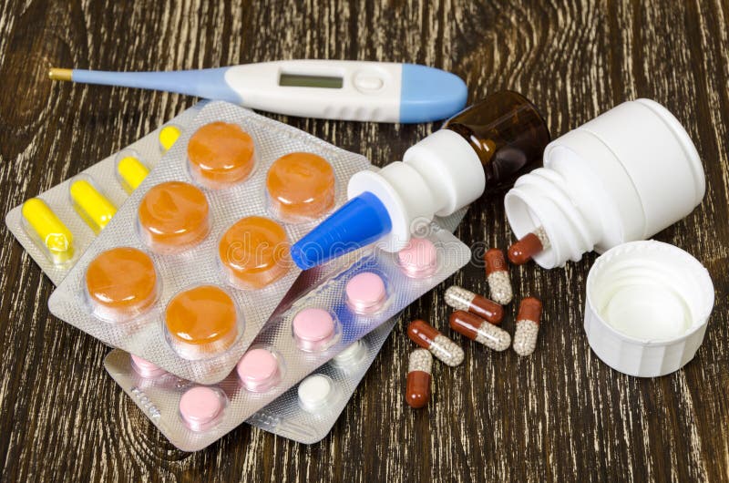 Set of Various Tablets for the Treatment or Weight Loss Stock Photo