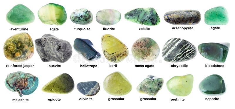 Set of Various Tumbled Green Minerals with Names Stock Photo