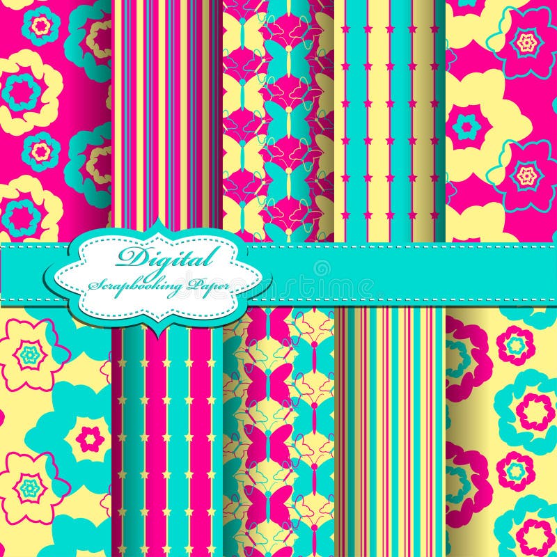 Set of Vector Abstract Flower Pattern Paper for Scrapbook. Stock Vector