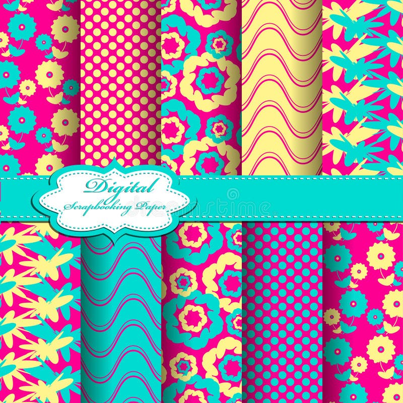 Set of Vector Abstract Flower Pattern Paper for Scrapbook. Stock Vector