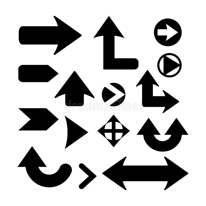 Set of vector arrows, arrow icon, pointer sign, symbol, indicator. Collection various massive, wide arrows isolated vector illustration