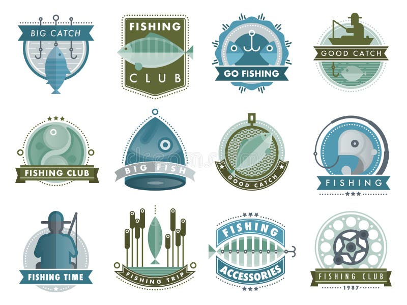 Set of vector badges stickers on catching fish seafood adventure fishing club shop badge vector illustration stock illustration Set of vector badges stickers on catching fish seafood adventure fishing club shop badge vector illustration stock illustration