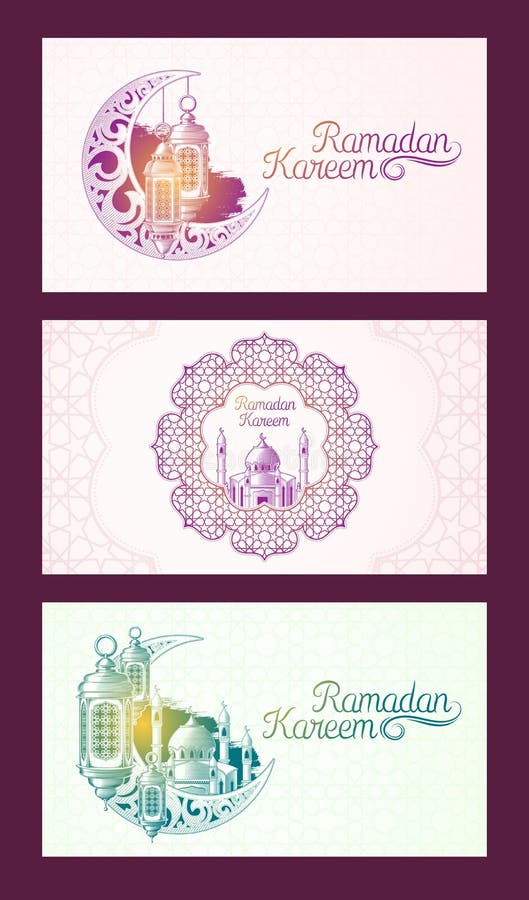 Set of vector banners for Ramadan Kareem with Ramadan lantern, towers of mosque, vintage moon and arabic pattern vector illustration