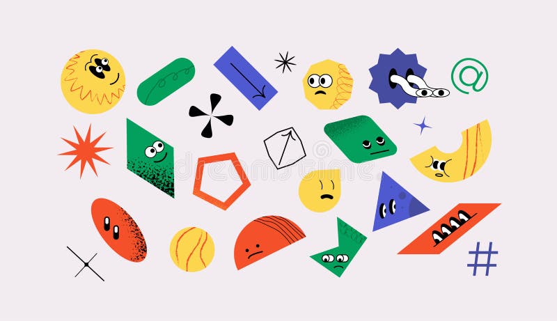 Set of vector big-eyed funny geometric objects and shapes with emotions on the face vector illustration