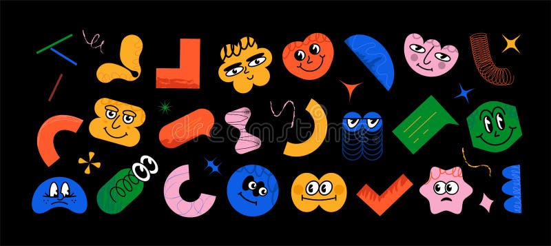 Set of vector big-eyed funny geometric objects and shapes with emotions on the face royalty free illustration