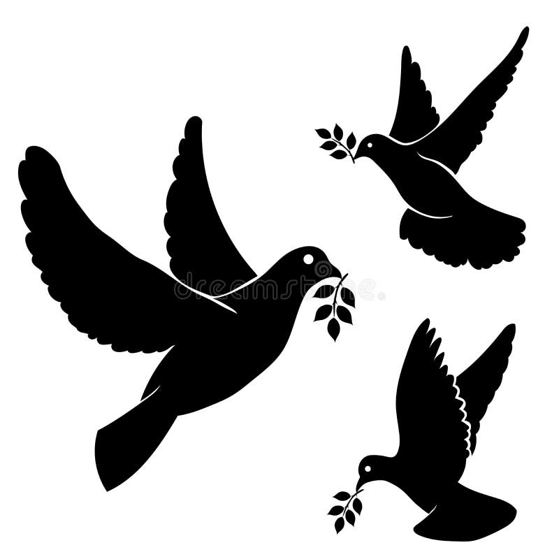 Set vector black silhouette flying dove, olive vector illustration Set vector black silhouette flying dove, olive vector illustration