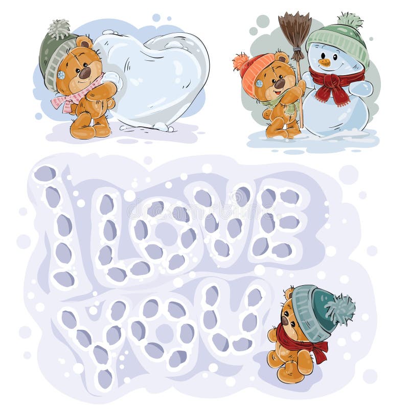 Set of vector clip art illustrations of funny teddy bears in winter. Image for cards. Set of vector clip art illustrations of funny teddy bears in winter. Image for cards