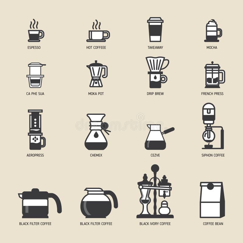 Premium Vector  Coffee machines, french press, cezve, pot, aeropress and  espresso machine. coffee brewing tools, cups and coffee pots vector  illustration set. hot drink coffee element. coffee cup and machine for