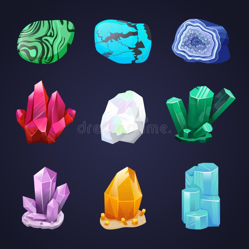 Set vector cristal. piatră cristalină sau bijuterie. prețioasă piatră prețioasă. cuarț de turcoaz malacit diamant netratat royalty free illustration