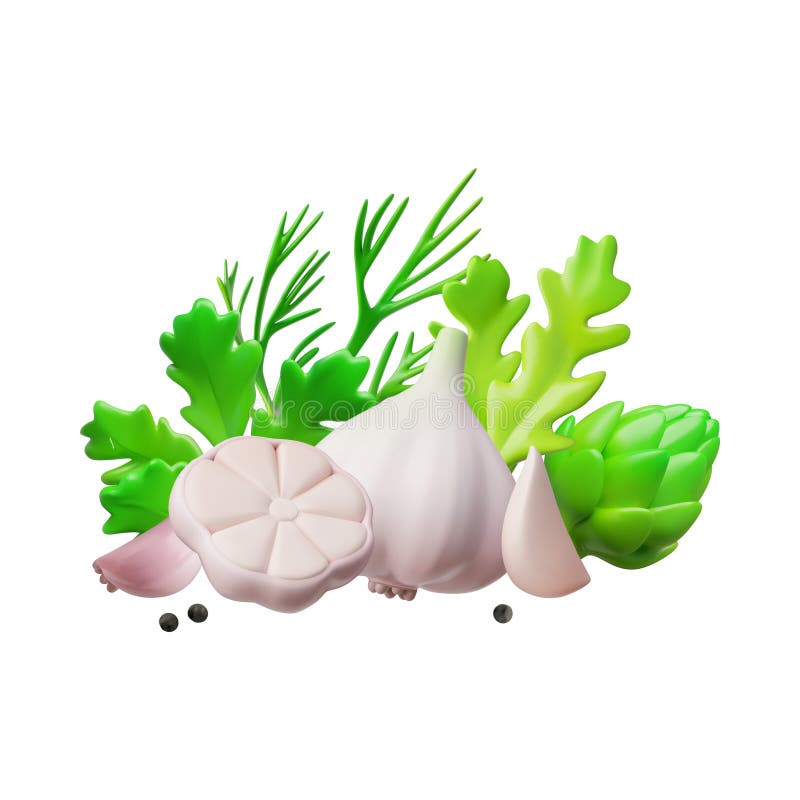 Set vector 3D de legume picante și verdeață usturoi întreg și jumătate marar de sparanghel și pătrunjel. stock illustration