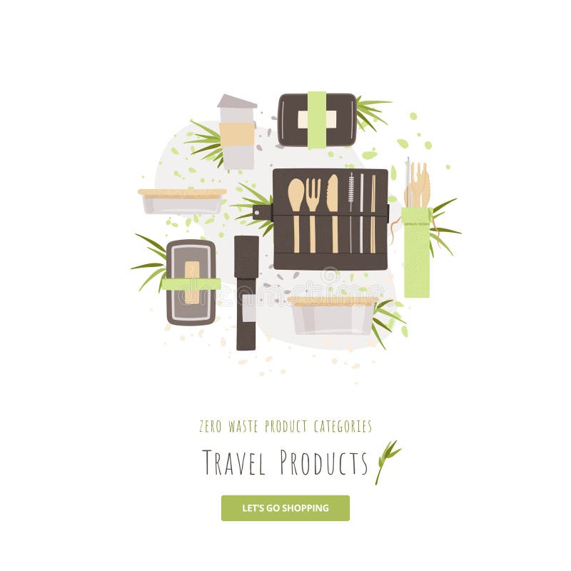 Set vector de tacâmuri naturale din bambus, cutii de prânz, cană de cafea refolosibilă cu set de tacâmuri portabile pentru ustensi royalty free illustration