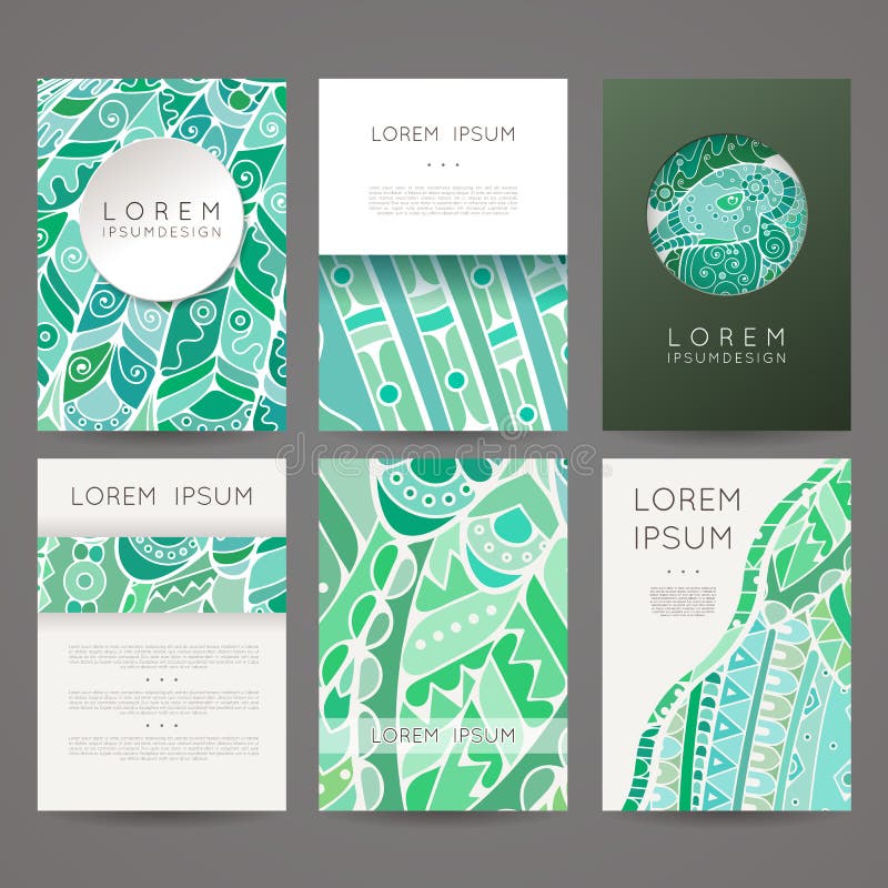 Set of vector design templates. Brochures in random colorful style. Zentangle designs. royalty free illustration Set of vector design templates. Brochures in random colorful style. Zentangle designs. royalty free illustration
