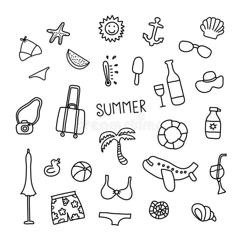 Set of Vector Doodle Summer Icons Stock Vector - Illustration of doodle ...