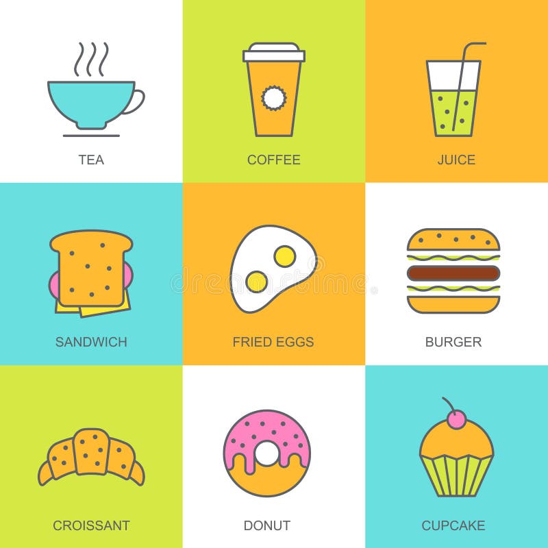 Set of vector flat food illustration. Breakfast multicolor icons royalty free illustration Set of vector flat food illustration. Breakfast multicolor icons royalty free illustration