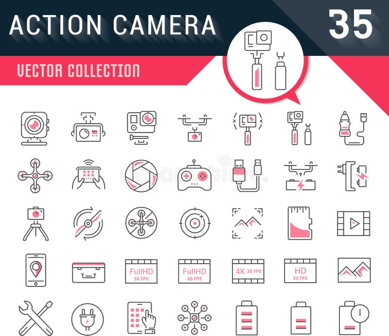 Set Vector Flat Line Icons Action Camera royalty free illustration