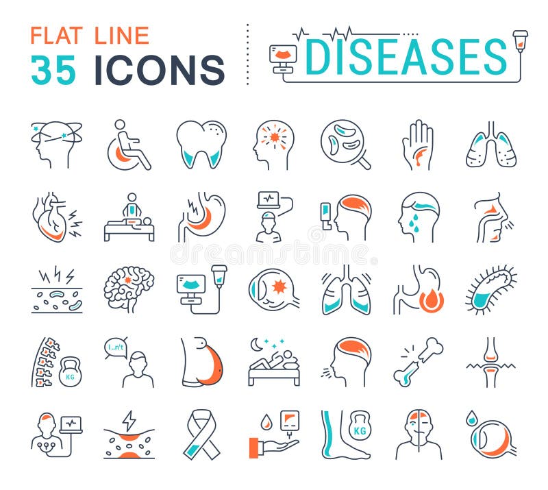 Set Vector Flat Line Icons Diseases royalty free illustration